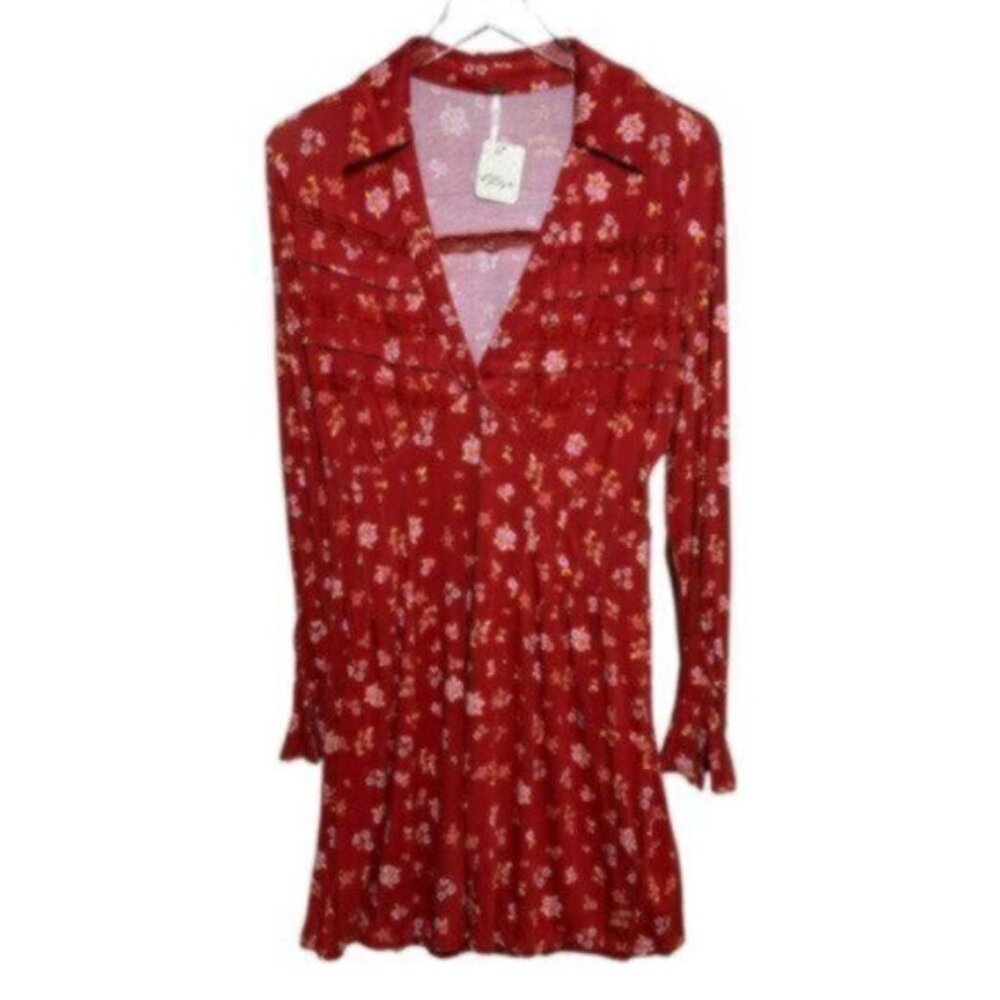NWT Free People | Red Pop Combo Good Days Floral Print Mini Dress Size Large - Picture 2 of 12